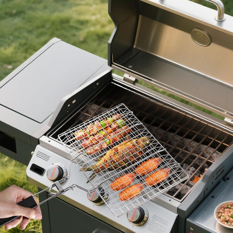 Ribber Fish Grill Baskets，Folding Portable Fish Grilling Rack For Grill, BBQ Grilling Basket, Stainless Steel Grill Basket For Veggies, Shrimp, Meat Cook，Come With Storage Bag and Two Basting Brush - Image 3